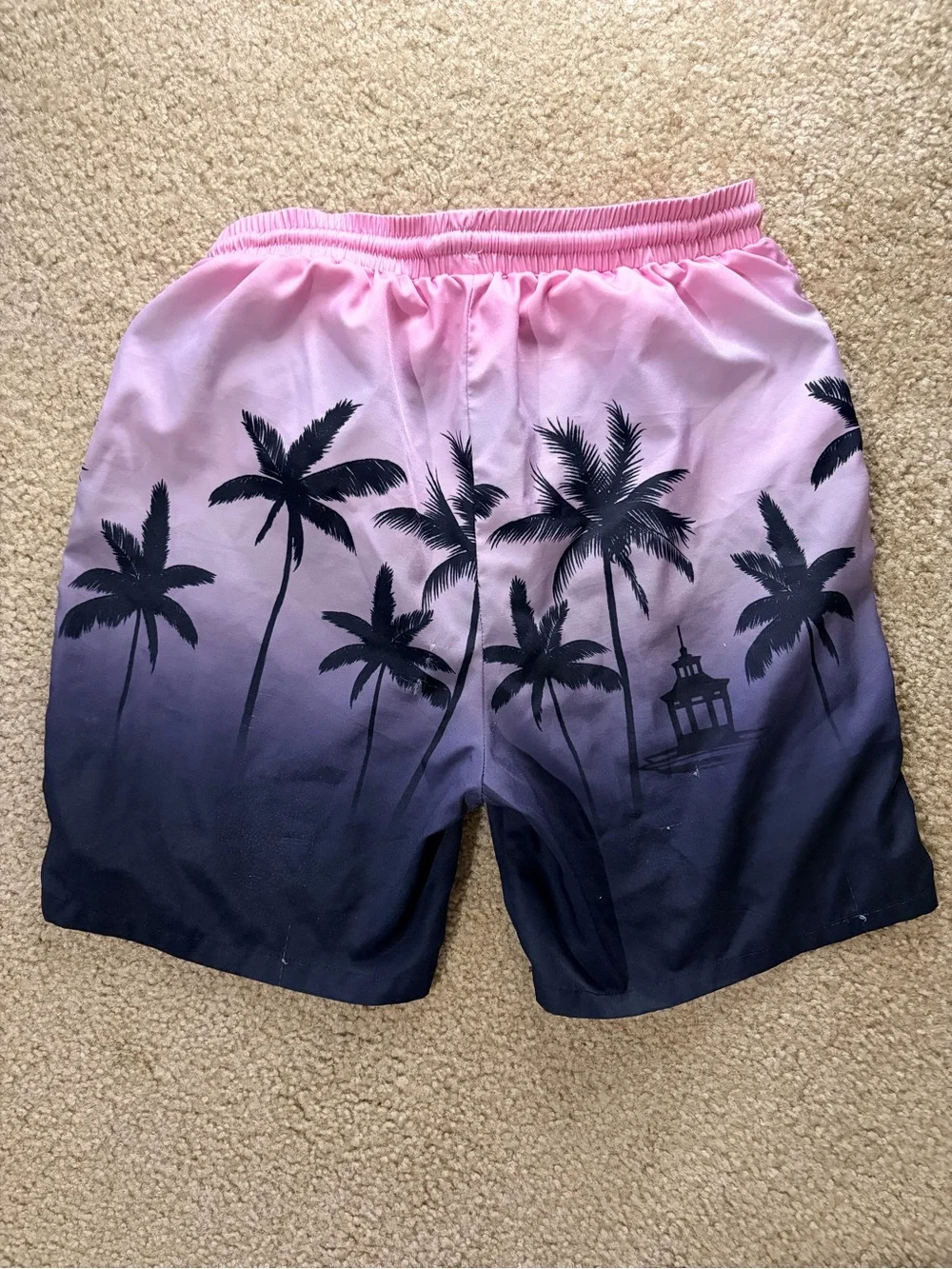 SHEIN Pink to Navy Ombre Palm-Print Swim Trunks